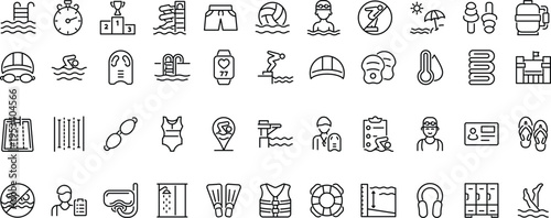 Set of outline icons related to swimming. Linear icon collection. Editable stroke. Vector