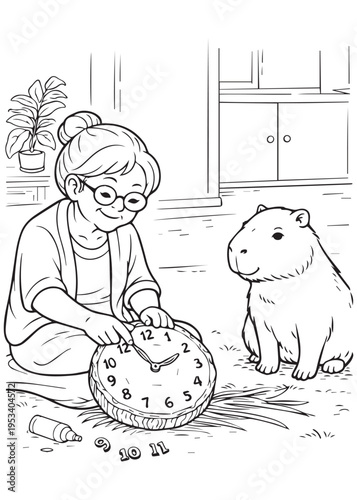 coloring book page grandmother shaping a round loaf or craft item on the floor with capybara beside her