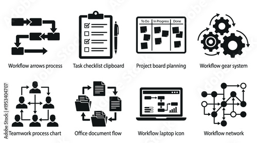 Workflow Icons: Black and White Process Labels for Organizational Design