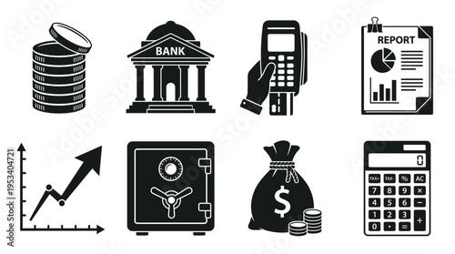 Finance Icons: Black and White Banking Labels for Economic Design
