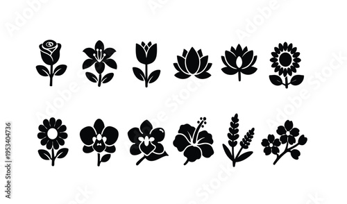 Black Flower Silhouette Icon Set Collection Isolated on White Background