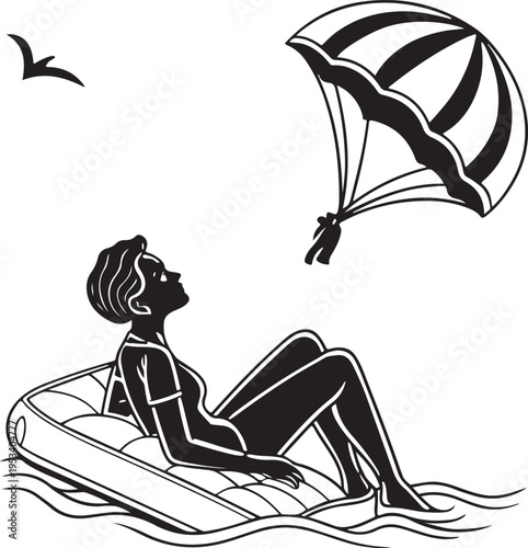 Luxury minimalist black silhouette vector artwork featuring floating mattress and contemplative human profile with surreal symbolism in modern stock style