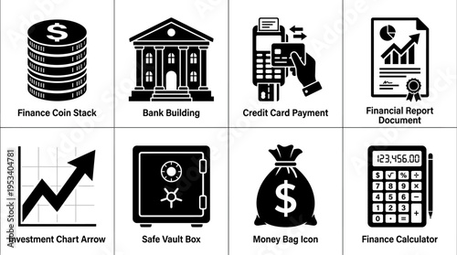 Finance Icons: Black and White Banking Labels for Corporate Design