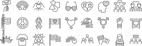 Set of line icons related to pride month, pride parade, lgbt, diversity inclusion, diversity. Outline icon collection. Editable stroke. Vector