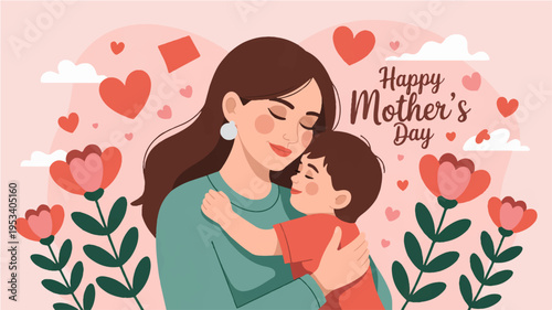 Happy mother's day vector illustration of a mother hugging her child surrounded by flowers and hearts on a pink background with a loving atmosphere and cute cartoon style