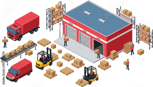 Isometric warehouse logistics illustration, supply chain storage, packaging distribution, forklift pallet handling, delivery truck transport, industrial shipping, inventory management system