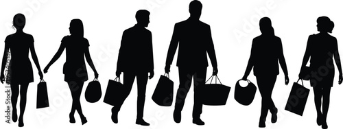 Shopping people silhouettes carrying bags, men and women retail consumers walking, sale season concept, fashion lifestyle, isolated on white background