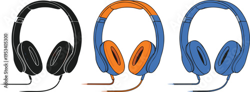 Over ear headphones collection, black, blue, orange wired audio devices, stylish cushioned ear cups, modern sound design, music accessories