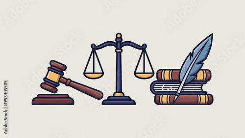 Law and justice symbols including gavel scales books and quill on beige background