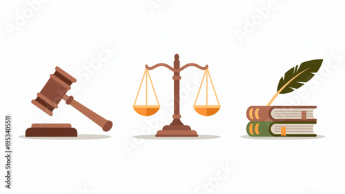 Justice and law concept with gavel balance scales and legal books with feather quill