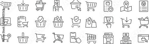Set of outline icons related to shopping cart, shopping basket, shopping bag. Linear icon collection. Editable stroke. Vector