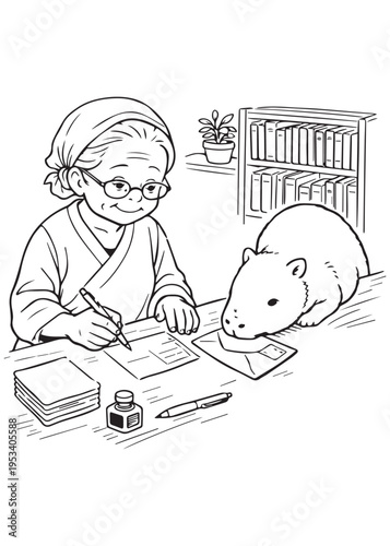coloring book page grandmother writing notes at a desk while capybara rests close by