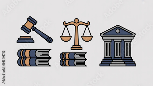 Law and justice symbols including gavel scales books and courthouse building