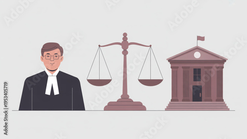 Lawyer standing next to justice scale and courthouse building