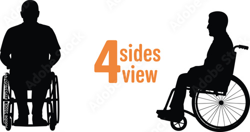 Wheelchair user silhouettes set, disabled person mobility concept, front and side views, accessibility inclusion, healthcare support, isolated on white background