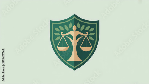 Green shield logo with gold scales and tree symbolizing justice and growth on light green background