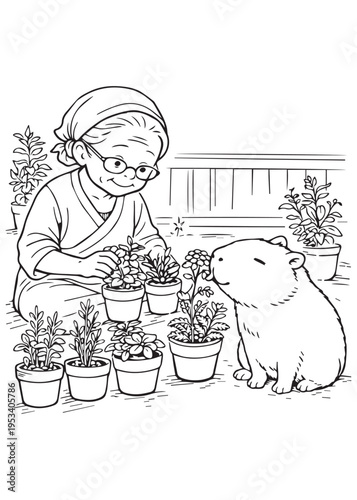 coloring book page grandmother tending several potted plants and teaching capybara about gardening