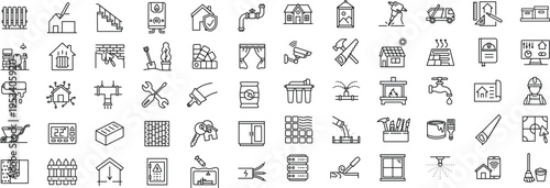 Set of outline web icons. construction, home repair, renovation, building. Thin line icons collection. Vector