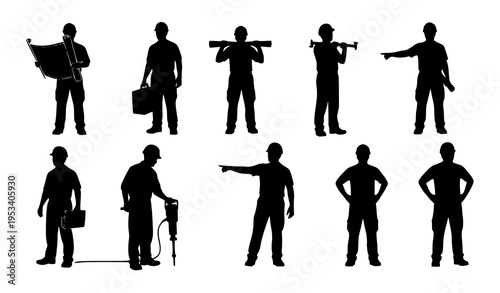 Construction Worker Silhouettes Vector Illustration Depicting Teamwork and Professional Roles