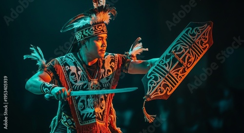 Gawai Dayak, a male dancer performing Tari Ngajat, holding a carved Telawang shield and Mandau sword