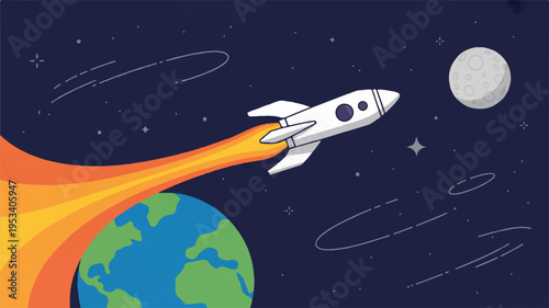 A sleek white rocket ship blasts off into space with vibrant orange flames soaring past the earth towards the moon against a starry night sky with planets and asteroids