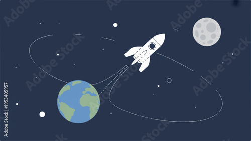 Minimalist flat vector illustration of a white rocket flying around earth and moon in space with stars