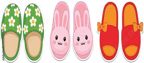 Cute Cartoon Slippers Vector Set Featuring Bunny Slippers, Floral House Shoes and Bow Slippers for Cozy Home Footwear Designs