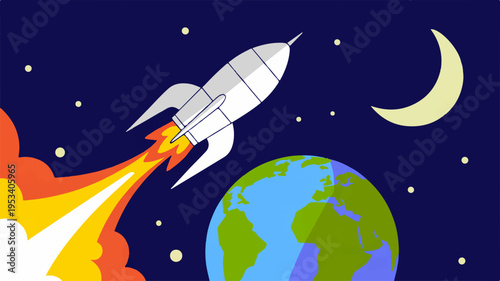 Sleek white rocket ship blasting off into space with earth and crescent moon in background at night