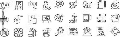 Set of outline icons related to personal finance. Linear icon collection. Editable stroke. Vector