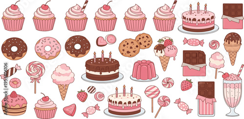 Cute Sweet Dessert Vector Set Featuring Cupcakes, Donuts, Cakes, Ice Cream, Candy, Chocolate and Cookies for Bakery and Candy Shop Designs