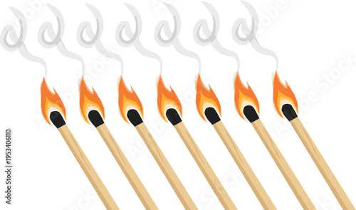 Vector illustration of burning matches with flames and smoke representing ignition, combustion, and fire concept