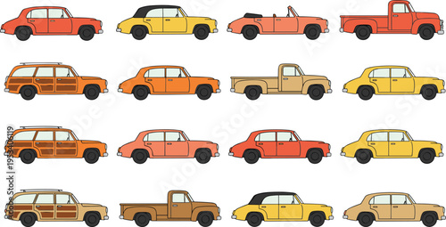 Vector illustration of vintage cars in grid with colorful classic sedans, convertibles, wagons, and pickup trucks