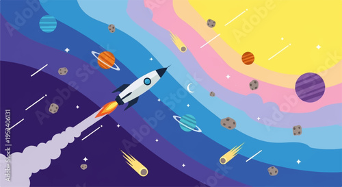Space rocket blasting off into colorful galaxy with planets and stars cosmic adventure background