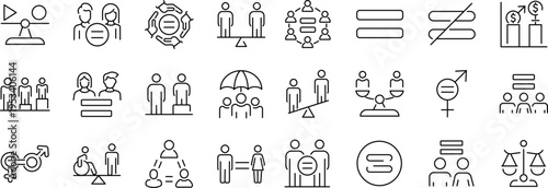 Set of outline icons related to equality. Linear icon collection. Editable stroke. Vector