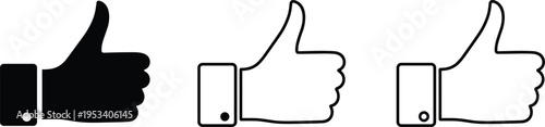 Three thumbs up icons one solid black and two outlined like approval
