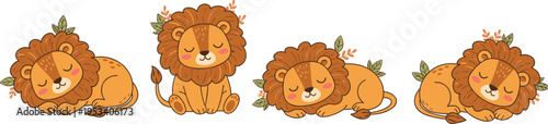 Vector illustration of cartoon lions sleeping with leafy manes in warm, cozy, nature-inspired design