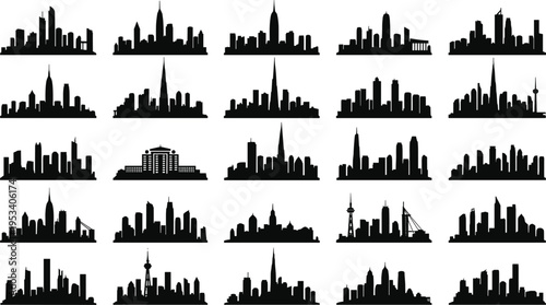 Twenty- Five Black Silhouettes of Diverse City Skylines and Skyscrapers Keywords: city, skyline, urban, architecture, buildings
