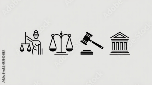 Justice system icons including scales gavel courthouse and judge's symbols on gray background
