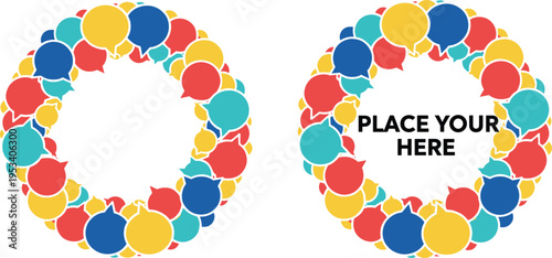 Vector illustration of colorful speech bubble wreaths with empty and text-filled centers for communication design
