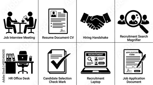 Recruitment Icons: Black and White Hiring Labels for HR Design