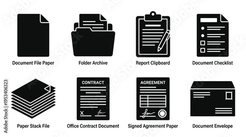 Document Management Icons: Black and White Office Labels for Administrative Design