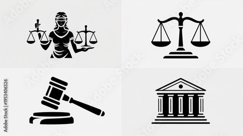 Justice and law icons including scales gavel and courthouse