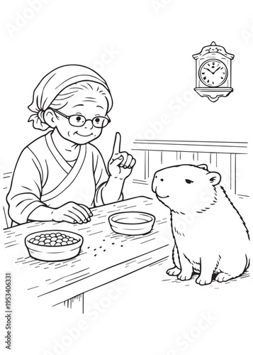 coloring book page grandmother preparing a simple meal and feeding a bowl to the capybara