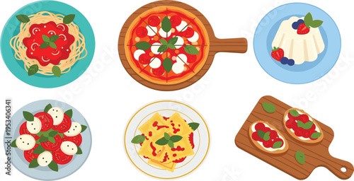 Italian Food Dishes Vector Set Featuring Pizza, Spaghetti, Ravioli, Caprese Salad, Bruschetta and Panna Cotta Traditional Cuisine