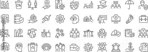 Set of line icons related to ESG, ecology, environment, social, governance. Otuline icon collection. Editable stroke. Vector