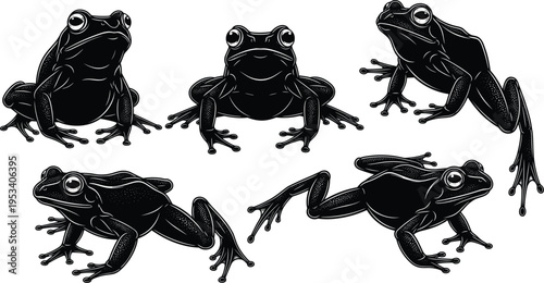 Set of five black silhouette frogs in various poses on a white background Keywords: frog, frogs, amphibian, animal, silhouette
