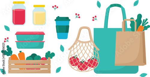 Vector illustration of eco-friendly grocery items with reusable bags, containers, and fresh produce promoting sustainable shopping
