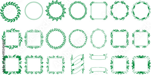 Vector illustration of decorative green frames and borders with foliage, floral, and ribbon designs for invitations