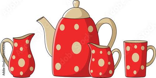 Red Polka Dot Tea Set Vector Illustration Featuring Teapot, Milk Jug, Coffee Pot and Cup for Kitchen and Beverage Design