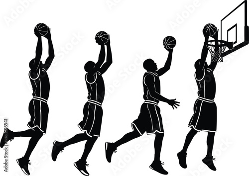 Silhouette of a basketball player in four sequential poses during a dunk jump shot